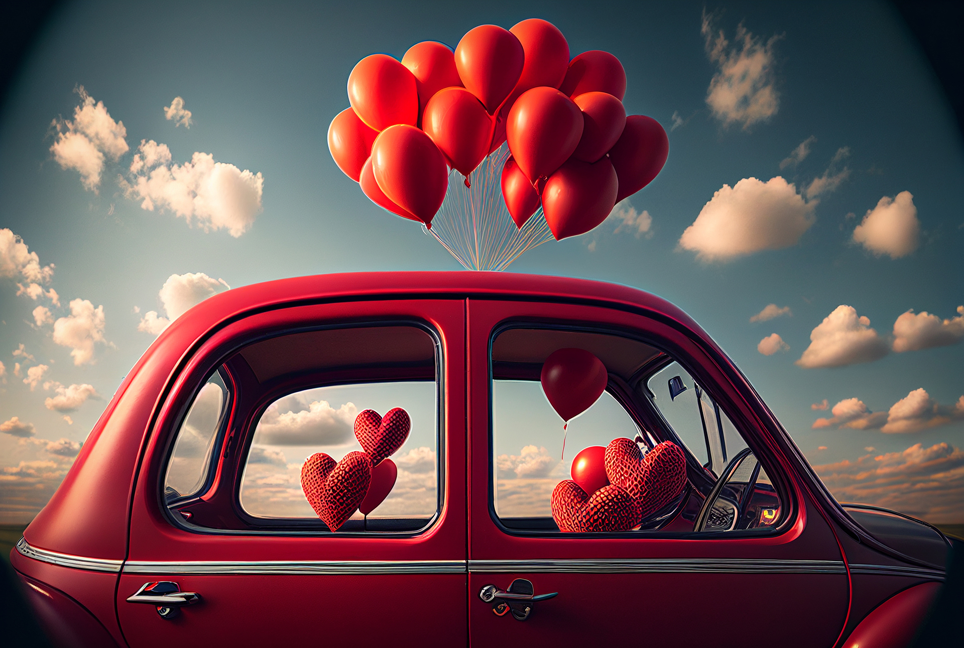 A Bunch of Valentines Day Heart Balloons Attached to a Small Red Delivery Car